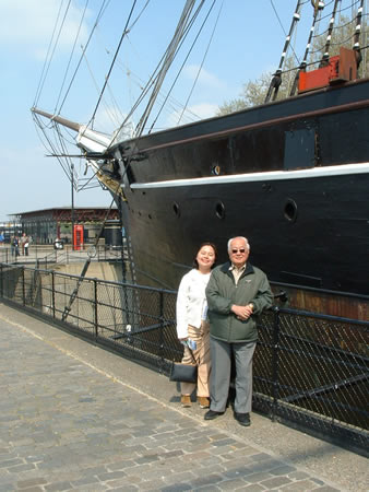 In Greenwich by the Cutty Sark, a famous clipper that plied the oceans to bring home the finest teas from China