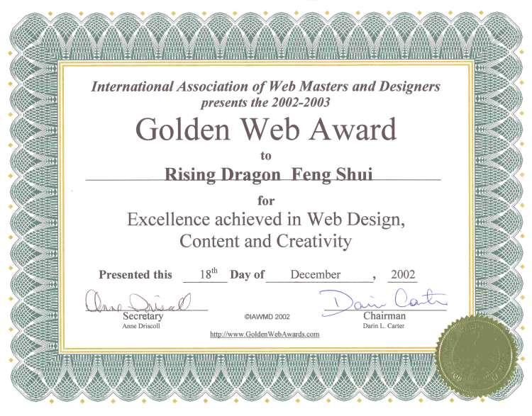Golden Web Award Winner Certificate