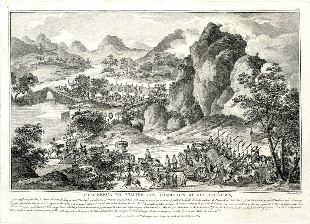Woodblock showing Emperor Qian Long visiting his ancestor's tombs. The Feng Shui of their burial site was an important element in his rise.