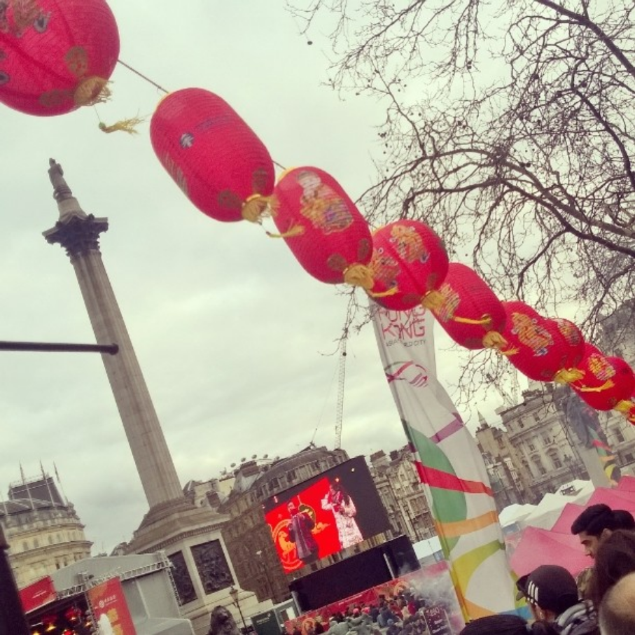 Chinese lanterns around Trafalgar Square for Chinese New Year 2018 Earth Dog Wu Xu