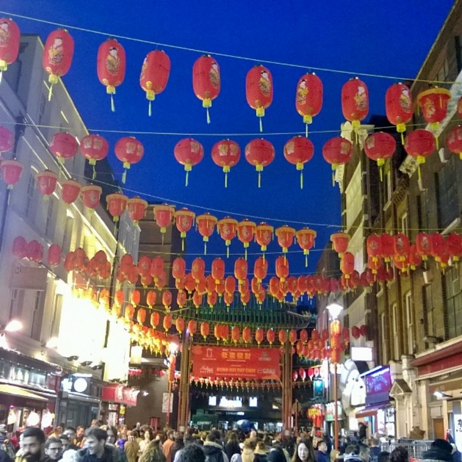 London Chinatown at nightfall on Chinese New Year